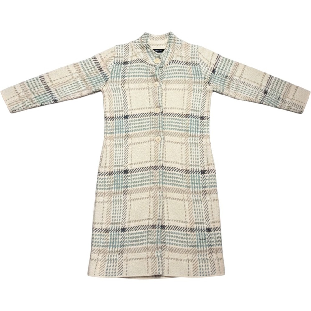 Oner Women Plaid Knit Longline Cardigan Coat Mock Neck Button Front Cream Teal M